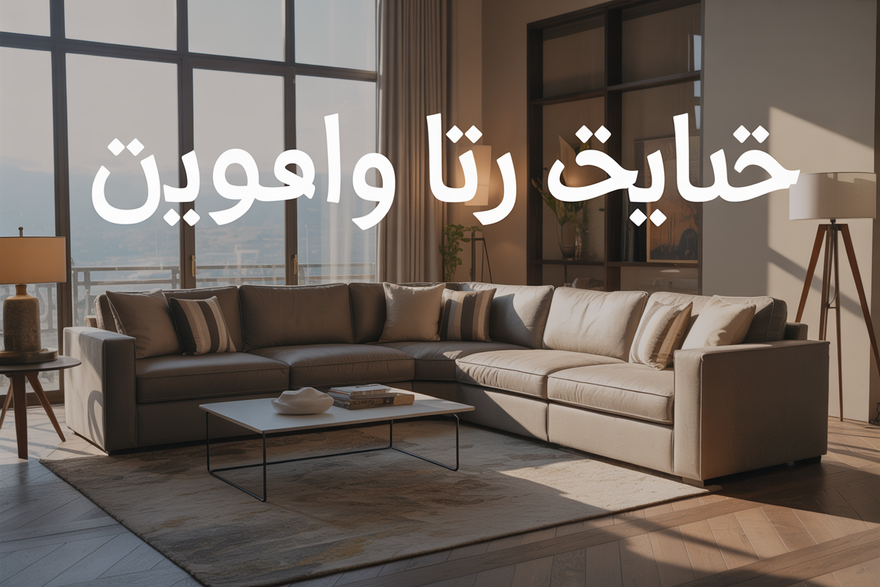 Create a realistic image of an elegant modern American-style sectional sofa in a contemporary living room setting, featuring a large L-shaped couch with plush cushions in neutral beige or gray upholstery, positioned on a wooden floor with a stylish area rug underneath, surrounded by modern home decor including a coffee table and floor lamp, with natural lighting from large windows creating a warm and inviting atmosphere, and Arabic text overlay reading "تفصيل كنب امريكي" in elegant typography positioned in the upper portion of the image.