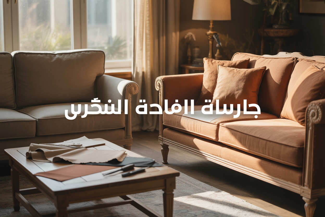 Create a realistic image of a comfortable living room scene featuring a beautifully reupholstered sofa with fresh fabric in warm brown tones, positioned next to an old worn-out couch for comparison, with fabric samples and upholstery tools scattered on a wooden coffee table, soft natural lighting streaming through a window, creating a cozy atmosphere that emphasizes furniture renovation and cost-effective solutions, with Arabic text "تنجيد كنب بأفضل الأسعار" prominently displayed as an overlay on the image.