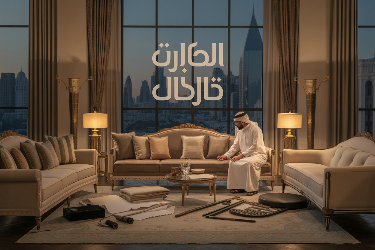 Create a realistic image of an elegant Middle Eastern living room showcasing custom-made sofas and furniture in various stages of upholstery work, with a Middle Eastern male craftsman in traditional white thobe working on sofa cushions, surrounded by fabric samples, measuring tools, and upholstery materials, warm golden lighting highlighting the craftsmanship, modern Riyadh cityscape visible through large windows in the background, with Arabic text overlay reading "تفصيل كنب الرياض" in elegant typography.