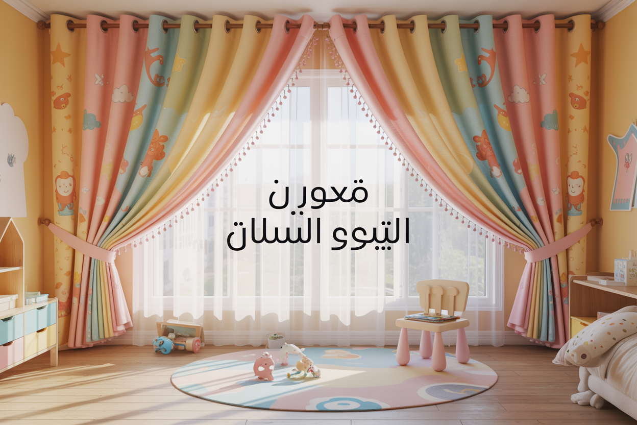 Create a realistic image of a bright and cheerful children's bedroom featuring beautiful custom-made curtains with colorful patterns including stars, clouds, and cartoon animals, showing a large window with perfectly fitted curtains in soft pastel colors, a cozy reading corner with a small chair, some children's toys scattered around, warm natural lighting streaming through the curtains creating a peaceful atmosphere, and Arabic text overlay reading "ستائر غرف الأطفال" in elegant font positioned in the upper portion of the image.