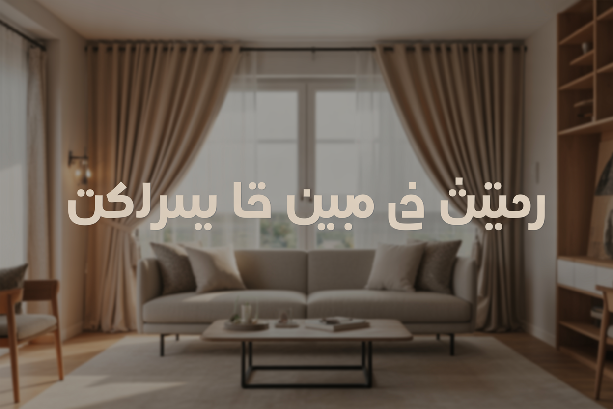 Create a realistic image of a modern living room interior featuring a sleek contemporary sofa in neutral tones (beige or light gray) positioned against a wall with beautiful flowing curtains in complementary colors, soft natural lighting streaming through a large window, minimalist coffee table in front of the sofa, clean lines and modern design elements throughout the space, warm and inviting atmosphere with professional interior design styling, and elegant Arabic text overlay reading "كنب مودرن وستائر جميلة" in a sophisticated font positioned in the upper portion of the image.