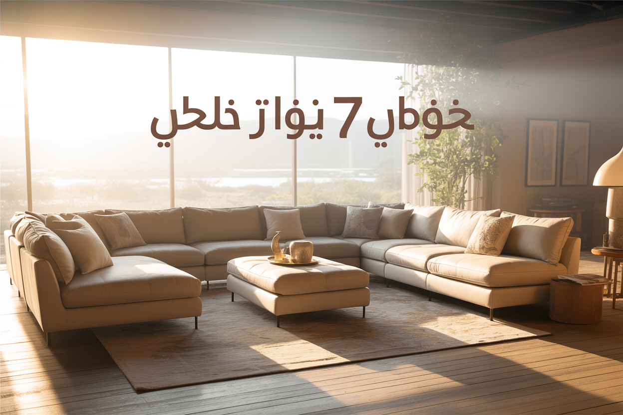 Create a realistic image of a luxurious 7-seater sectional sofa in a modern living room setting with a warm and inviting atmosphere, featuring a large L-shaped sofa with plush cushions in neutral beige or light gray fabric, positioned on a wooden floor with a soft area rug underneath, complemented by decorative pillows and a coffee table, with natural lighting streaming through large windows creating a cozy family-friendly environment, and Arabic text overlay reading "تفصيل كنب 7 مقاعد" in elegant typography positioned in the upper portion of the image.