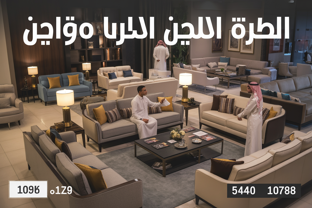 Create a realistic image of a modern furniture showroom in Riyadh featuring custom-made sofas and couches in various styles and colors, with elegant Arabic-style seating arrangements, luxurious fabric samples displayed on tables, a Middle Eastern male consultant showing fabric options to customers, warm ambient lighting highlighting the premium furniture pieces, price tags showing competitive prices in Saudi Riyals, and Arabic text overlay reading "أفضل محل تفصيل كنب في الرياض" prominently displayed at the top of the image.