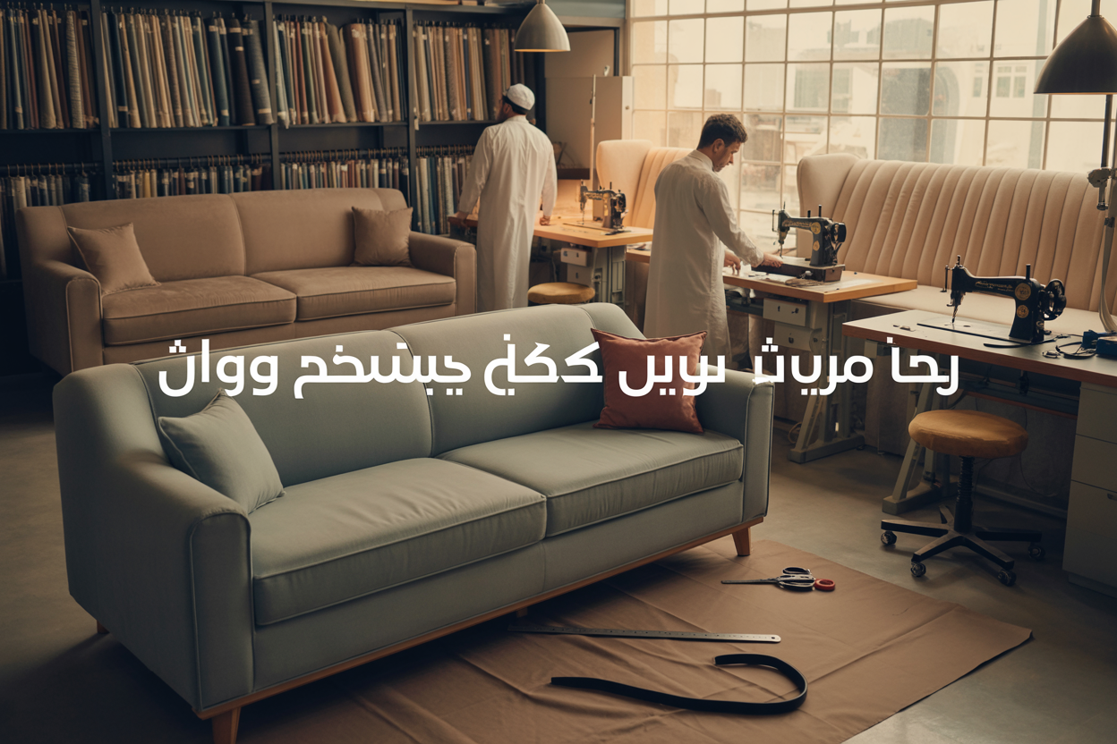 Create a realistic image of a modern furniture upholstery workshop in Jeddah showing skilled Middle Eastern male craftsmen working on custom sofa tailoring, with elegant fabric samples displayed on shelves, partially completed sofas in various stages of upholstery, professional sewing machines, and measuring tools, set in a well-lit workshop with warm natural lighting streaming through windows, featuring Arabic text overlay "أفضل محلات تفصيل كنب في جدة" prominently displayed, with a clean organized workspace atmosphere conveying quality craftsmanship and affordable pricing.