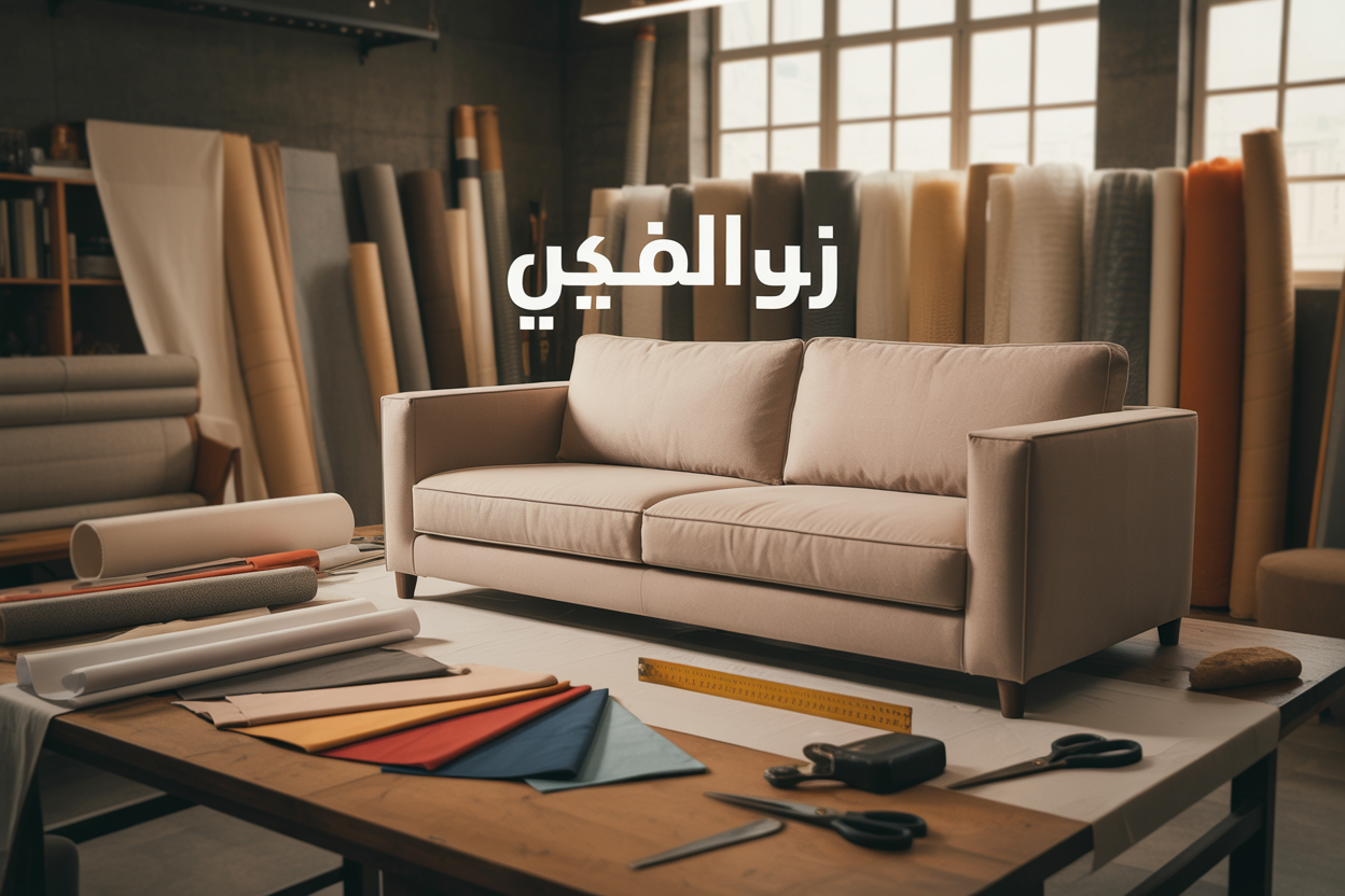 Create a realistic image of a modern upholstery workshop scene featuring a partially completed beige fabric sofa being custom-made, with various colorful fabric samples scattered on a wooden work table, professional upholstery tools including scissors and measuring tape, different types of foam padding and filling materials visible in the background, warm natural lighting from large windows, and Arabic text "تفصيل كنب" elegantly displayed in the upper portion of the image, creating a professional and inviting atmosphere that showcases the custom sofa tailoring process.
