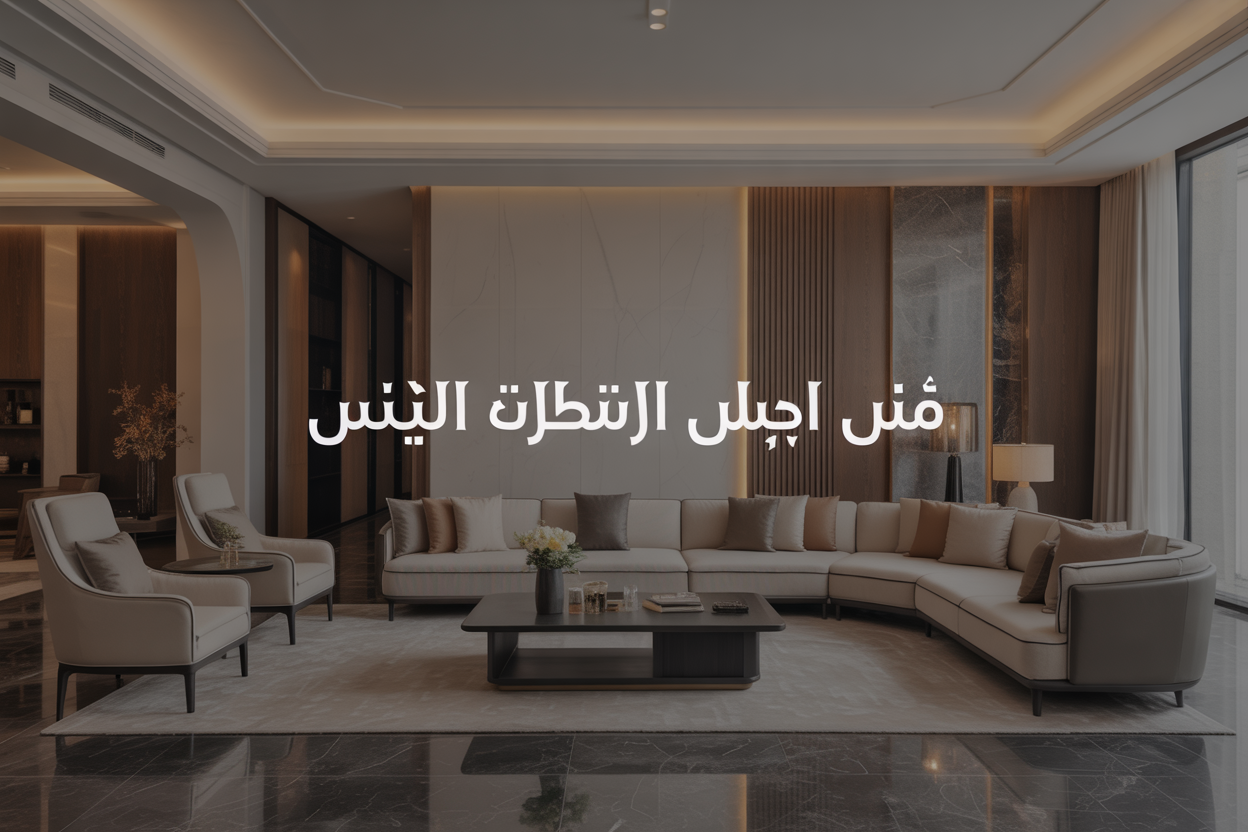 Create a realistic image of a luxurious modern living room in Riyadh showcasing elegant contemporary sofas with sleek designs, featuring a large sectional sofa in neutral tones with clean lines and premium fabric upholstery, complemented by matching armchairs and a coffee table, set against a sophisticated interior with warm ambient lighting, marble floors, and modern decor elements, with Arabic text overlay reading "كنب مودرن تفصيل الرياض" in elegant typography, capturing the essence of custom-made modern furniture craftsmanship in a upscale Saudi Arabian home setting.