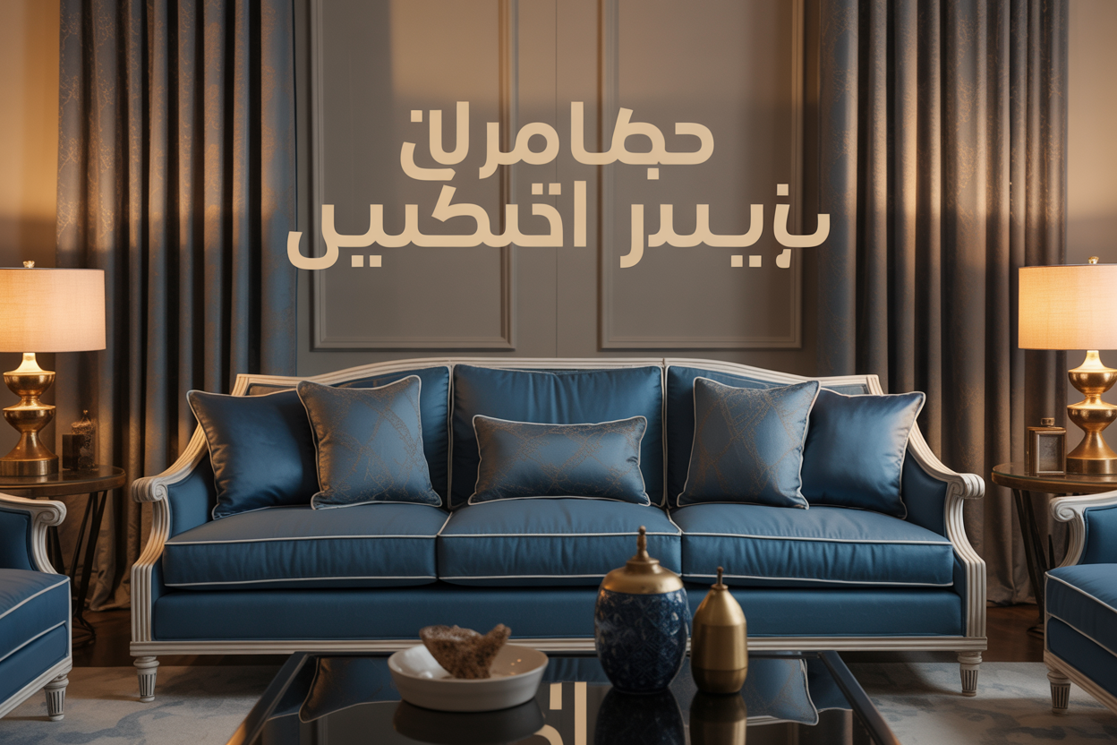 Create a realistic image of an elegant living room showcasing a luxurious American-style sofa in rich navy blue fabric paired with perfectly coordinated curtains in matching tones, featuring subtle geometric patterns, with the sofa displaying stain-resistant properties through a subtle protective sheen, complemented by warm ambient lighting from table lamps, a coffee table with decorative items, and a neutral-toned wall background, with Arabic text overlay reading "كنب وستائر بتناسق مثالي" in elegant golden typography positioned in the upper portion of the image.