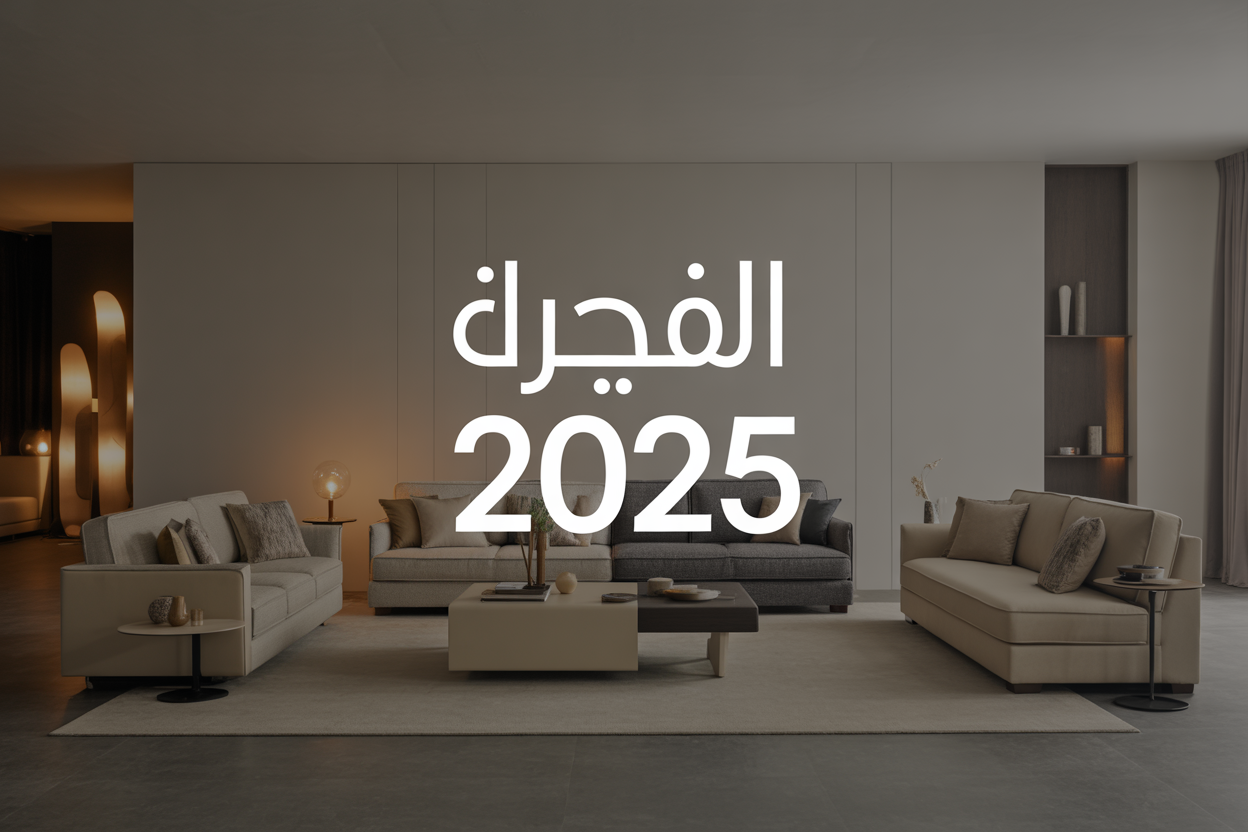 Create a realistic image of a modern living room showcasing elegant contemporary sofas in neutral tones with stain-resistant fabric, featuring a luxurious sectional sofa in beige and gray colors, complemented by stylish throw pillows, a sleek coffee table, and warm ambient lighting from floor lamps, set against a minimalist backdrop with clean walls and modern decor elements, with Arabic text overlay reading "كنب الرياض 2025" in elegant typography, capturing a sophisticated and inviting atmosphere that represents premium furniture quality and contemporary interior design trends.