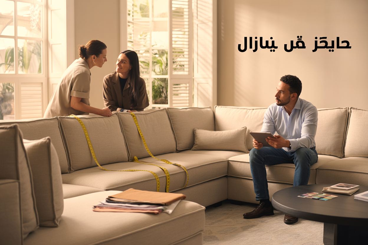 Create a realistic image of a modern living room interior showing a custom-tailored sectional sofa in beige fabric positioned in a well-lit space, with a measuring tape draped over the sofa arm, fabric swatches scattered on a nearby coffee table, and a Middle Eastern male interior designer in casual attire holding a tablet while consulting with a Middle Eastern female client, warm natural lighting streaming through large windows, with Arabic text "تفصيل كنب بالمقاسات" elegantly displayed on the wall or as a subtle overlay.