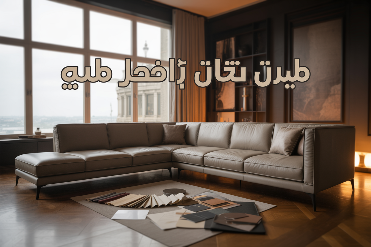 Create a realistic image of a luxurious modern custom sofa in a contemporary living room setting, featuring a sleek L-shaped sectional sofa with clean lines and minimalist design in neutral gray fabric, positioned on a polished wooden floor against a white wall with large windows providing natural lighting, include fabric swatches and design materials scattered on a coffee table nearby, with warm ambient lighting creating an inviting atmosphere, and overlay the Arabic text "كنب مودرن حسب الطلب" in elegant typography in the upper portion of the image.