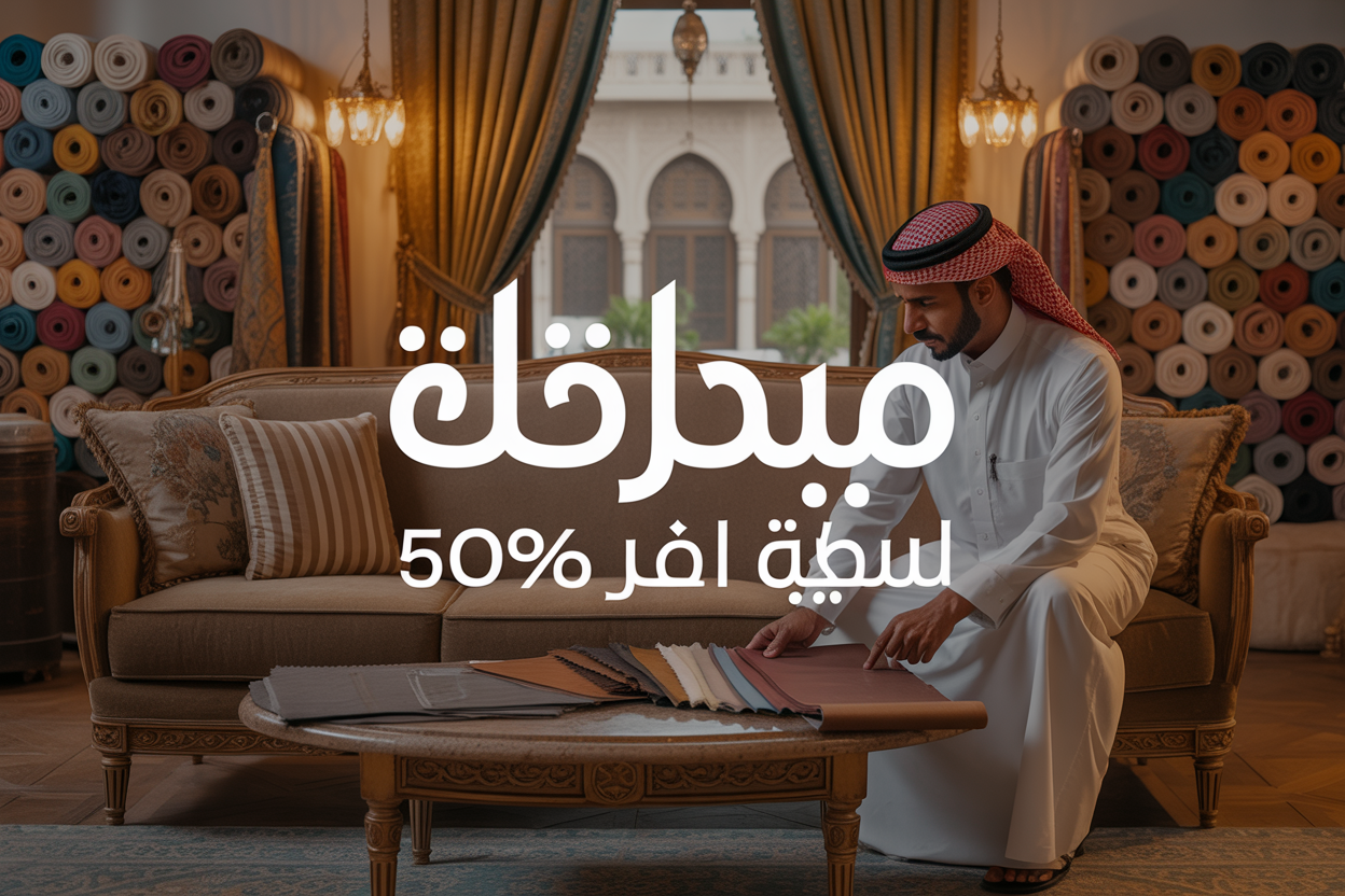 Create a realistic image of an elegant living room in Riyadh showcasing a beautifully custom-made sofa with rich fabric upholstery, featuring a Middle Eastern male craftsman in traditional white thobe examining fabric samples on a wooden table, with rolls of luxurious fabrics in various colors and textures displayed in the background, warm golden lighting creating a cozy atmosphere, and Arabic text overlay reading "وفرت ٥٠٪ من التكلفة" (Saved 50% of Cost) prominently displayed in modern typography, with traditional Saudi architectural elements visible through a window in the background.