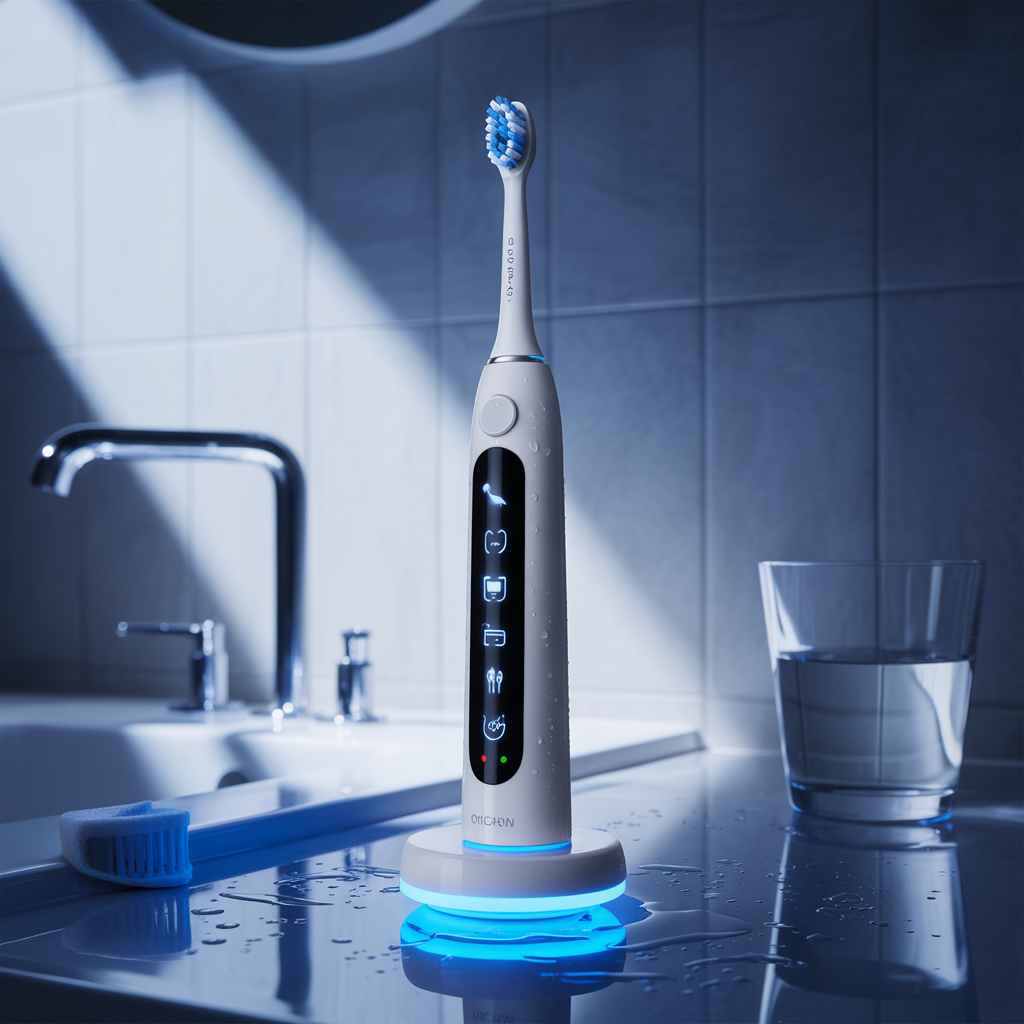 Create a realistic image of a modern sonic electric toothbrush with digital display showing 6 different mode icons, positioned on a sleek bathroom counter with water droplets, a ring of light at the base indicating it's powered on, surrounded by toothpaste and a glass of water, with soft blue lighting creating a clean, fresh atmosphere.
