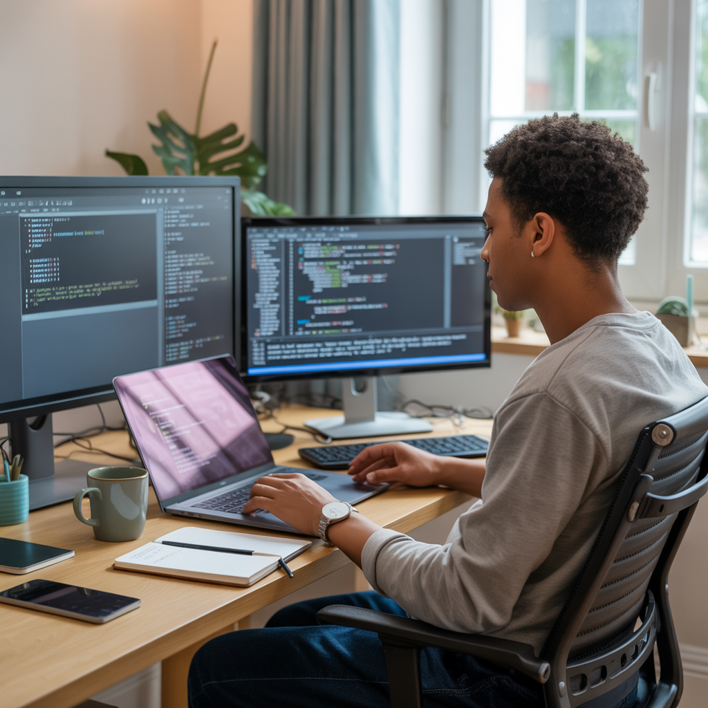 Create a realistic image of a diverse freelance programmer working from a modern home office with multiple monitors displaying code, a laptop, and digital project management tools visible on screen, with a coffee mug and notebook nearby, soft natural lighting coming through a window, creating a productive yet comfortable atmosphere that conveys independence and flexibility.