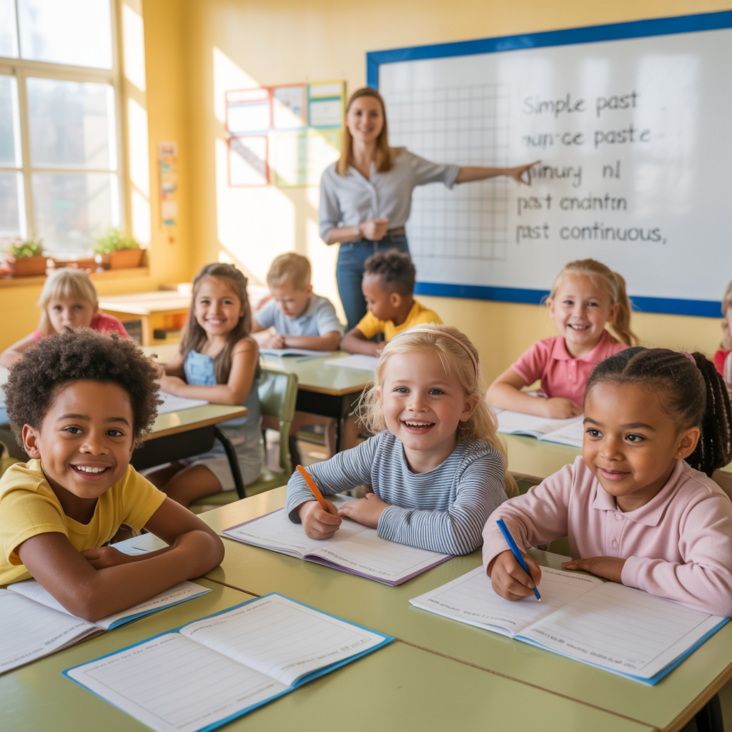 Create a realistic image of a diverse classroom with elementary school students (mix of races and genders) looking engaged and proud as they complete past tense exercises on colorful worksheets, with a friendly teacher pointing to a whiteboard showing simple past and past continuous examples, bright natural lighting streaming through classroom windows creating a warm, educational atmosphere.