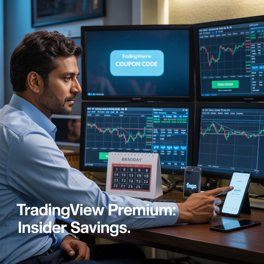 Create a realistic image of a smart-looking Indian male trader sitting at a desk with multiple monitors displaying TradingView charts and premium features, with one screen showing a discount notification or coupon code. Include a small calendar highlighting Black Friday dates, and a smartphone showing a payment confirmation screen. The lighting should be professional and focused, with text overlay reading "TradingView Premium: Insider Savings."