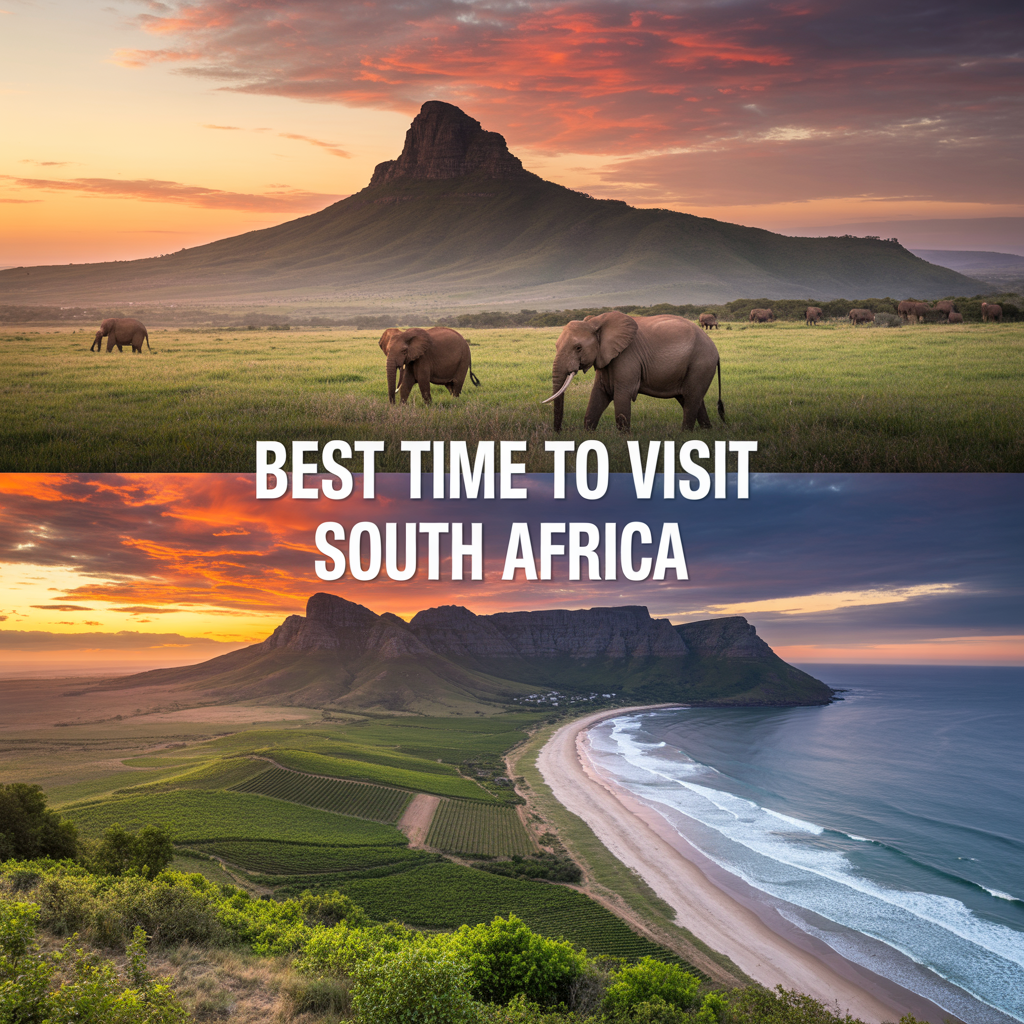 Best time to visit South Africa 2 Create a realistic image of a panoramic South African landscape at sunset showing diverse terrain - featuring lush green safari plains with elephants in the distance, rolling vineyards, and coastal beaches meeting the ocean, all under a dramatic orange and purple sky with "Best Time to Visit South Africa" as subtle text overlay in the corner.