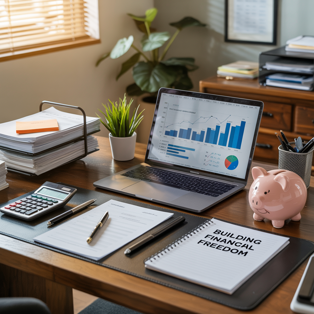 Create a realistic image of a professional desk workspace with a laptop displaying financial charts, stacks of organized documents, a calculator, a piggy bank, and a small plant, with warm office lighting creating an atmosphere of financial planning and wealth management, with "Building Financial Freedom" visible on a notepad.
