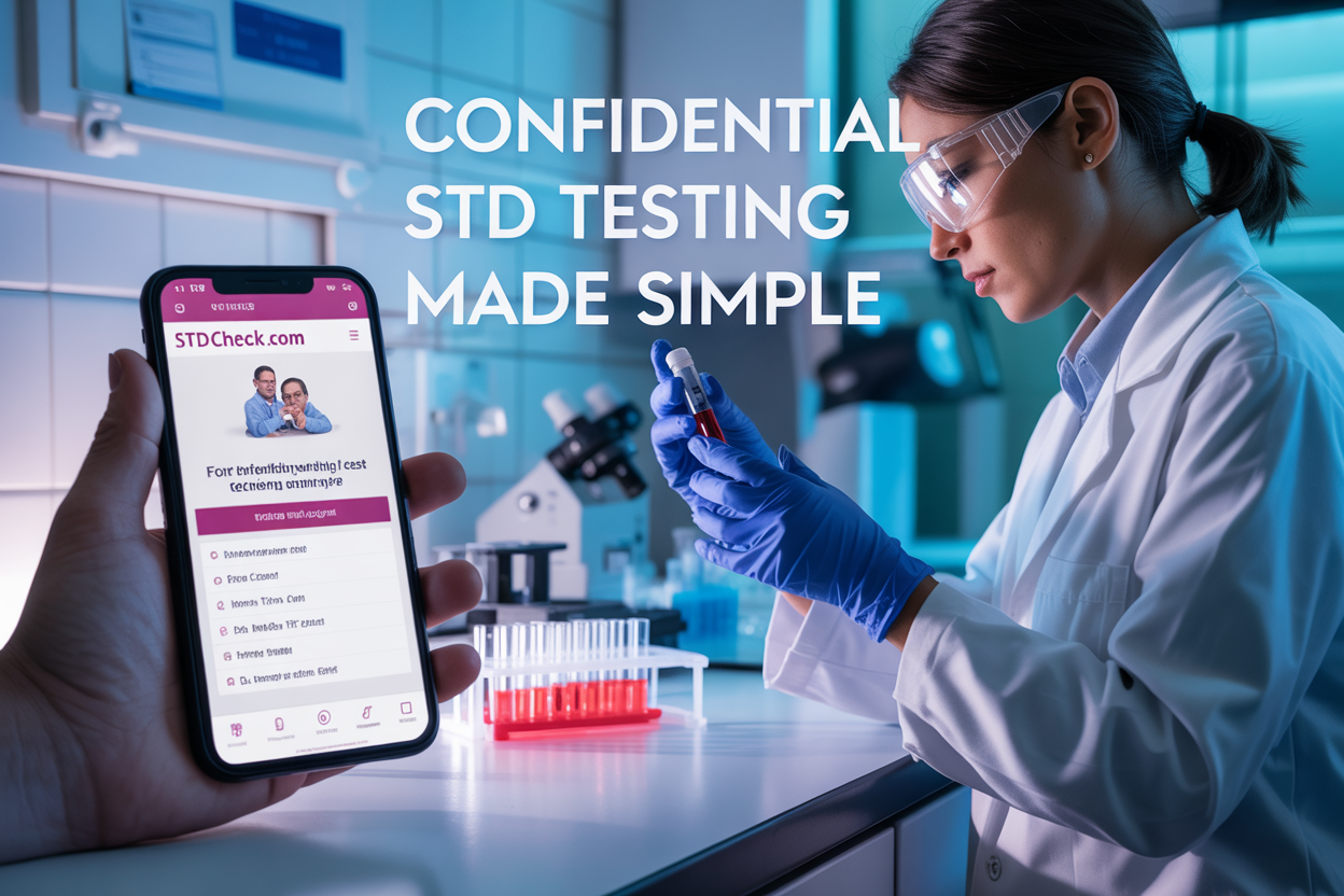 Create a realistic image of a professional medical laboratory setting with a smartphone displaying the STDcheck.com website, alongside a lab technician in a white coat examining test tubes. Include testing equipment in the background with soft, reassuring lighting. Display the text "Confidential STD Testing Made Simple" prominently in the foreground.