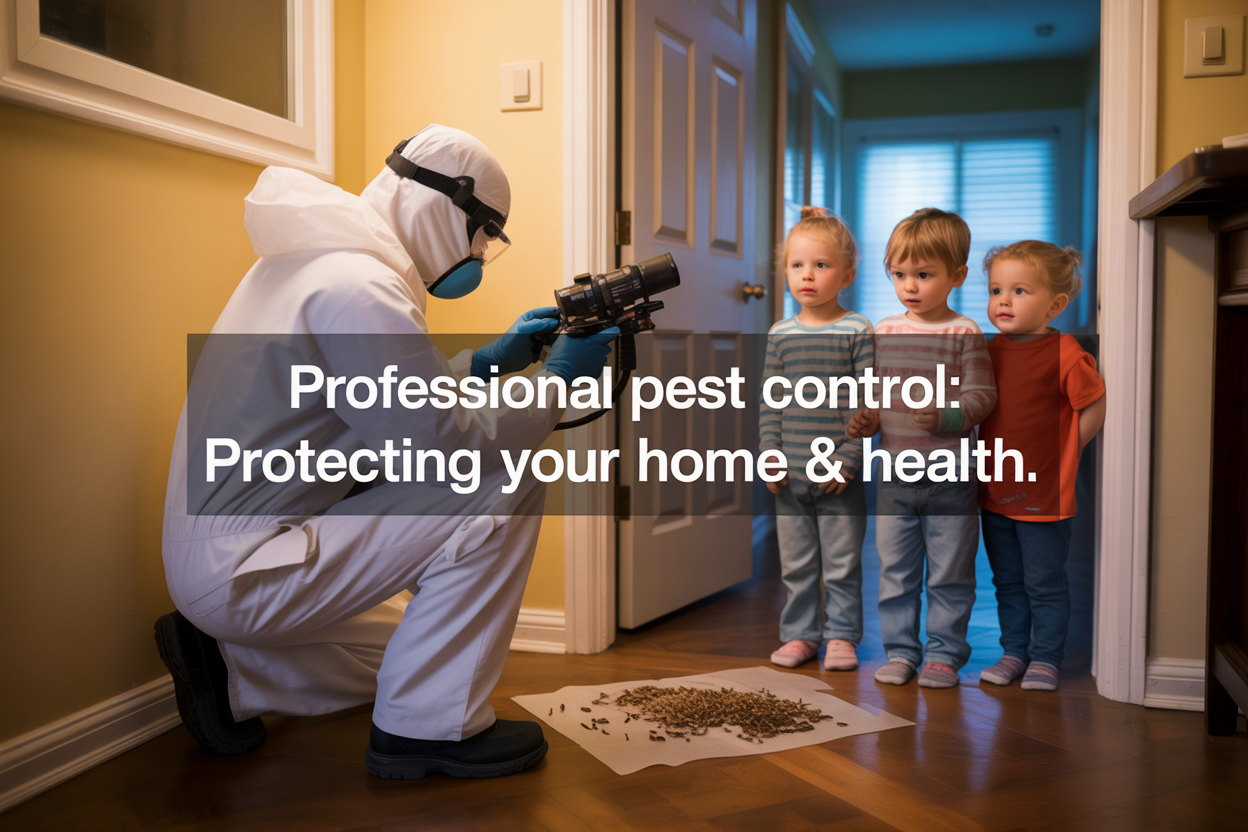 Create a realistic image of a professional pest control technician in protective gear inspecting a home corner with advanced equipment, showing signs of pest infestation while a relieved family (mixed races) watches from a safe distance, with warm lighting highlighting the technician's methodical approach, text overlay "Professional Pest Control: Protecting Your Home & Health."