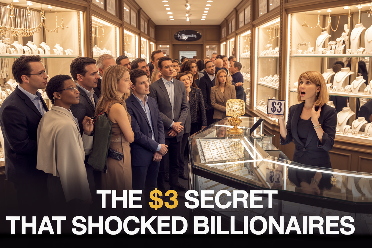 Create a realistic image of a small, elegant jewelry shop interior with sparkling display cases filled with ornaments and jewelry, featuring a diverse crowd of well-dressed customers including white and black males and females eagerly waiting in a long line that extends out the door, with warm golden lighting creating an inviting atmosphere, a shocked-looking white female shop owner behind the counter holding a small "$3" price tag, and overlay text reading "The $3 Secret That Shocked Billionaires" in bold, eye-catching font.