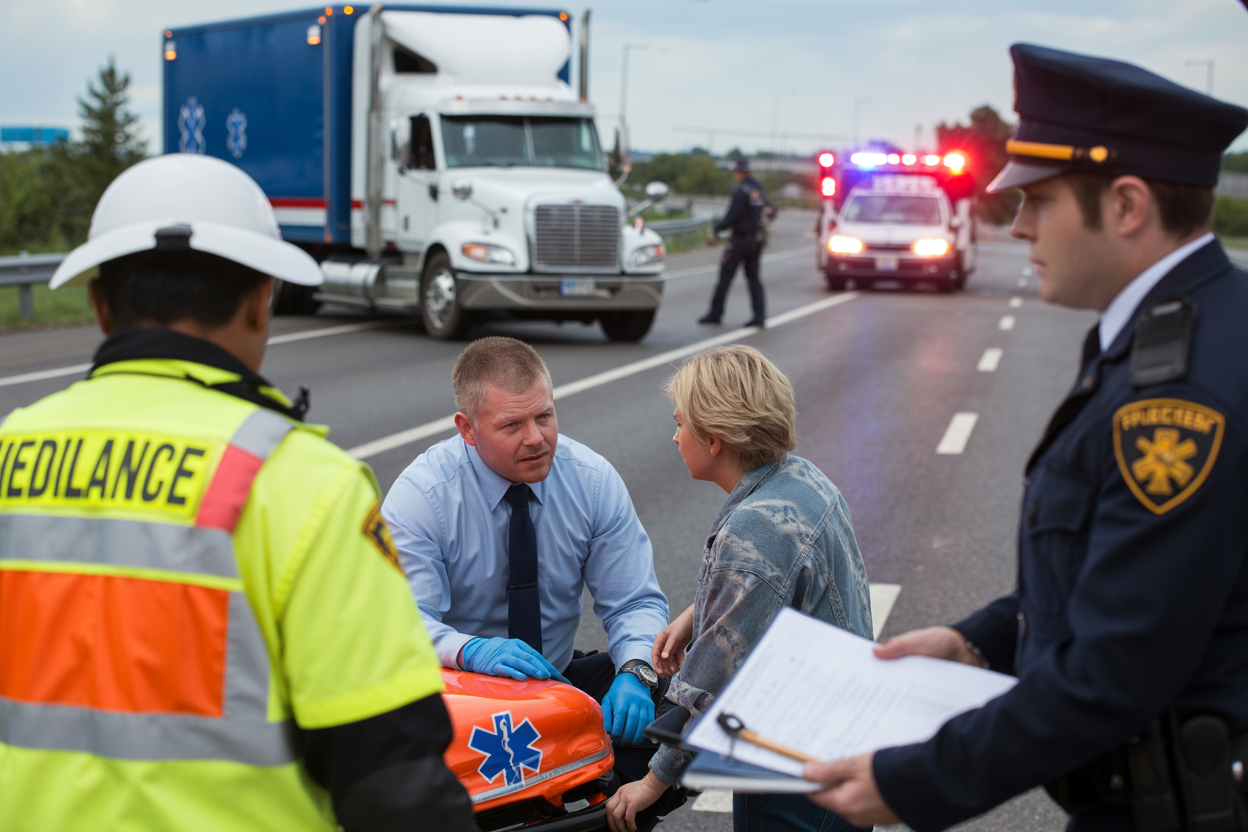 Create a realistic image of emergency medical professionals attending to an injured person at a highway truck accident scene, with a crashed semi-truck visible in the background, flashing ambulance lights, a police officer directing traffic, and a concerned family member holding medical documents, conveying the urgency of prioritizing medical care after a truck accident.