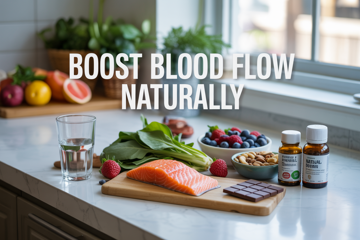 Create a realistic image of a clean, modern kitchen counter with fresh heart-healthy foods including salmon, leafy greens, berries, nuts, and dark chocolate artfully arranged alongside a glass of water and natural supplement bottles, with soft natural lighting from a window, featuring the text "Boost Blood Flow Naturally" overlaid in clean, professional typography.