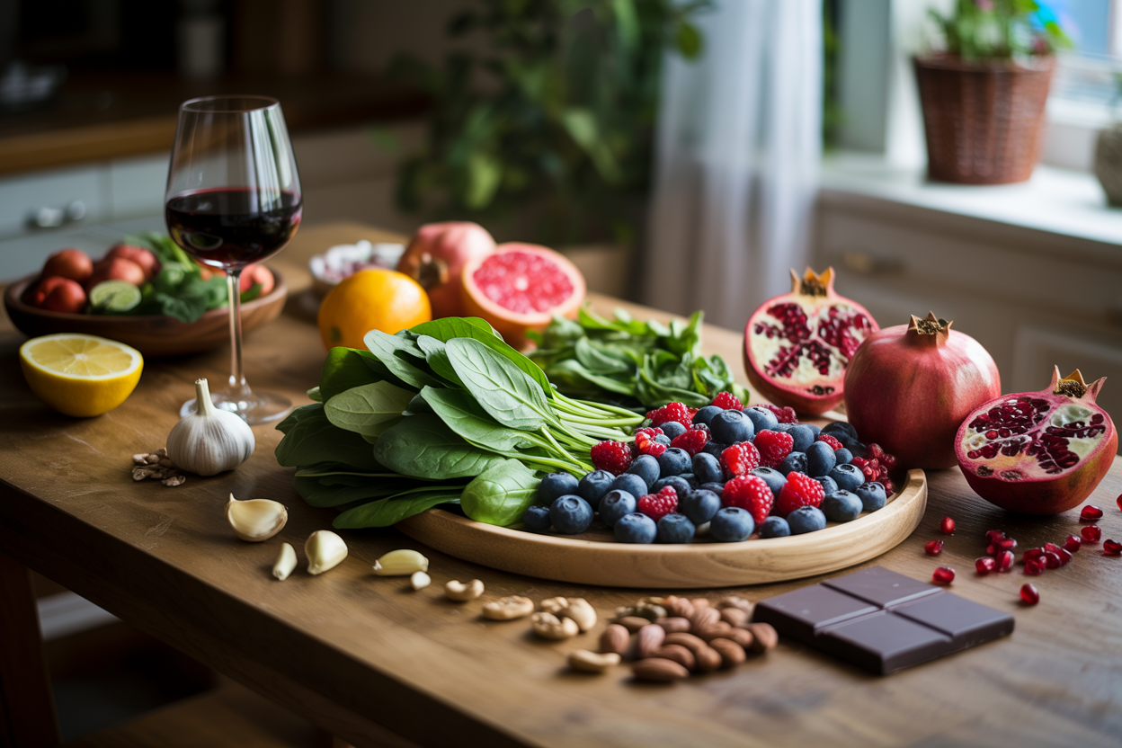 Create a realistic image of a wooden kitchen table with an assortment of fresh foods known to improve blood circulation including dark leafy greens like spinach, colorful berries, pomegranates cut in half showing seeds, dark chocolate pieces, nuts and seeds, fresh garlic cloves, citrus fruits, and a glass of red wine, arranged in an appealing spread with natural lighting from a nearby window creating soft shadows, warm and inviting atmosphere suggesting healthy eating choices, absolutely NO text should be in the scene.