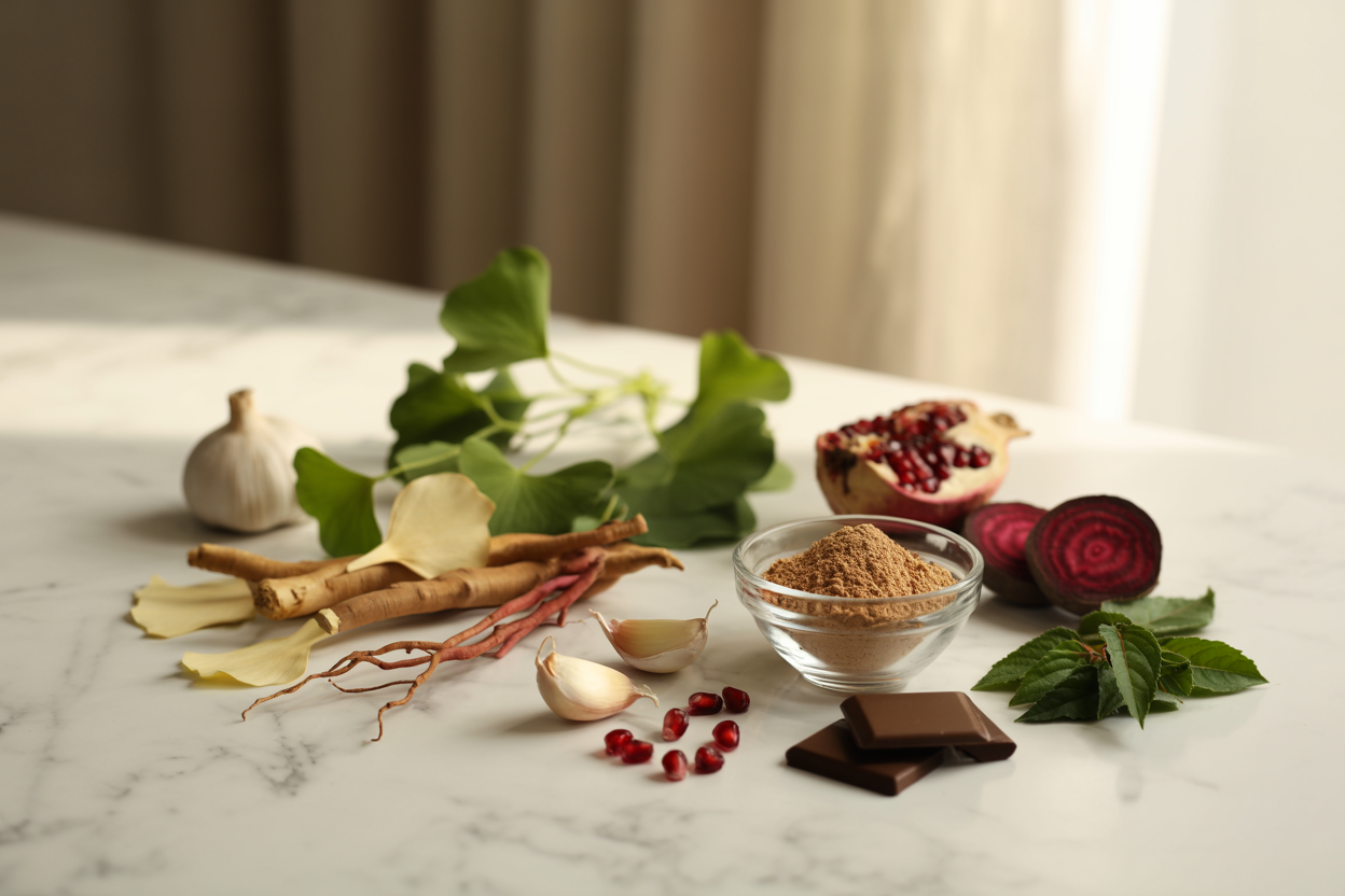 Create a realistic image of various natural supplements and herbs arranged on a clean white marble surface, including ginkgo biloba leaves, red ginseng root, L-arginine powder in a glass bowl, pomegranate seeds scattered nearby, dark chocolate pieces, and green tea leaves, with soft natural lighting from the side creating gentle shadows, accompanied by fresh garlic cloves and beetroot slices, all positioned in an organized yet organic layout suggesting health and vitality, with a subtle blurred background in warm neutral tones, absolutely NO text should be in the scene.
