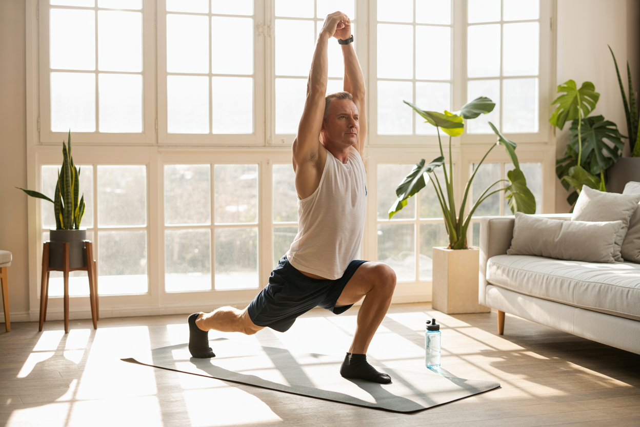 Create a realistic image of a middle-aged white male in athletic wear performing morning stretches in a bright, modern living room with sunlight streaming through large windows, showing him doing leg lunges and arm stretches on a yoga mat, with a water bottle nearby and houseplants in the background, conveying an energetic and healthy lifestyle atmosphere with natural lighting and clean, minimalist decor. Absolutely NO text should be in the scene.