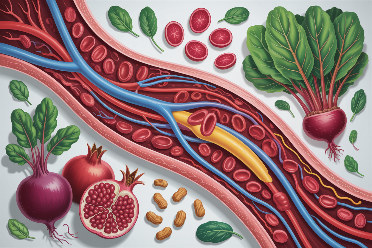 Create a realistic image of a detailed anatomical illustration showing healthy blood vessels and arteries with smooth blood flow, surrounded by fresh nitric oxide-rich foods like leafy green vegetables, beets, pomegranates, and nuts arranged in an educational display, set against a clean white medical background with soft, even lighting that emphasizes the scientific and health-focused nature of the scene, absolutely NO text should be in the scene.
