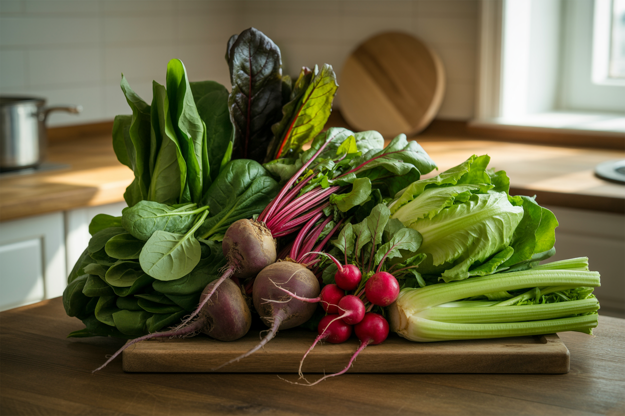 Create a realistic image of an assortment of fresh nitrate-rich vegetables including dark leafy greens like spinach and arugula, bright red beets with their greens attached, vibrant red radishes, fresh celery stalks, and green lettuce leaves arranged naturally on a rustic wooden cutting board or kitchen counter, with soft natural lighting from a nearby window creating gentle shadows, displaying the vegetables in their whole, unprocessed form to emphasize their natural health benefits, set against a clean, minimalist kitchen background with neutral tones, absolutely NO text should be in the scene.