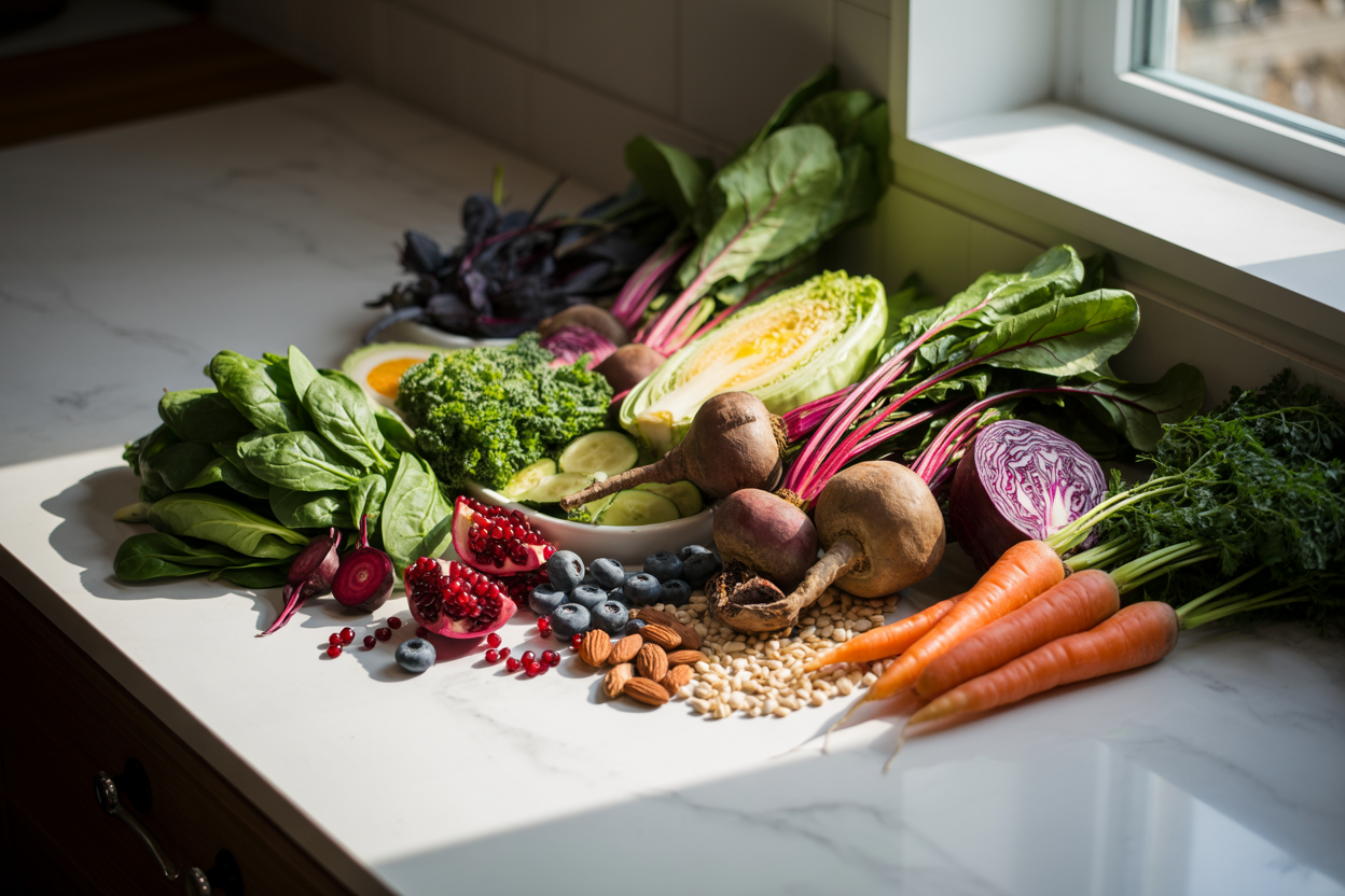 Create a realistic image of a vibrant array of antioxidant-rich foods artfully arranged on a clean white marble countertop, featuring dark leafy greens like spinach and kale, colorful berries including blueberries and pomegranate seeds, bright red beets, orange carrots, purple cabbage, nuts and seeds, with soft natural lighting from a nearby window creating gentle shadows and highlighting the rich colors and textures of the fresh produce, shot from a slightly elevated angle to showcase the variety and abundance of the healthy foods, absolutely NO text should be in the scene.