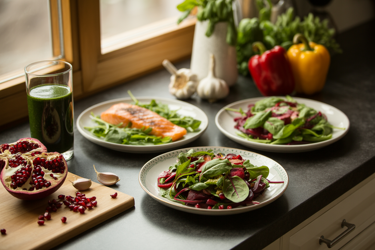 Create a realistic image of a beautifully arranged kitchen counter scene featuring multiple plates with colorful nitric oxide-rich meals including a fresh spinach and beet salad, grilled salmon with arugula, dark leafy green smoothie in a glass, pomegranate seeds scattered on a wooden cutting board, fresh garlic cloves, and vibrant red bell peppers, with warm natural lighting streaming through a nearby window creating an inviting culinary atmosphere, shot from a slightly elevated angle to showcase the variety of healthy foods. Absolutely NO text should be in the scene.
