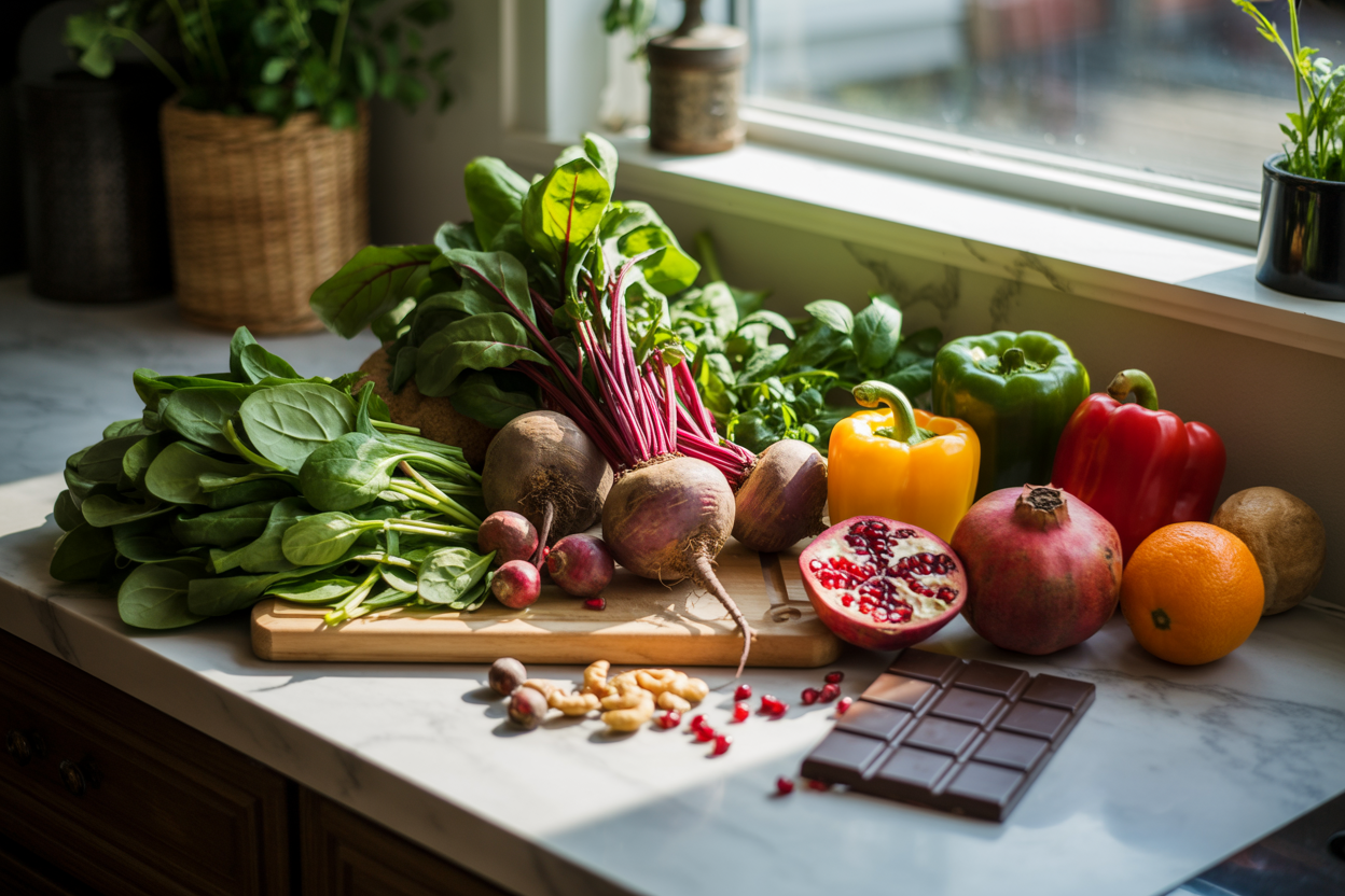 Create a realistic image of a vibrant kitchen counter scene featuring an abundant display of nitric oxide-boosting foods including fresh leafy greens like spinach and arugula, bright red beets, colorful bell peppers, pomegranates with some seeds scattered, dark chocolate pieces, nuts, and citrus fruits, all artfully arranged on a clean wooden cutting board and marble countertop, with soft natural lighting streaming through a nearby window creating gentle shadows, conveying a healthy and energetic mood that represents the conclusion of achieving better health through everyday nutrition, absolutely NO text should be in the scene.