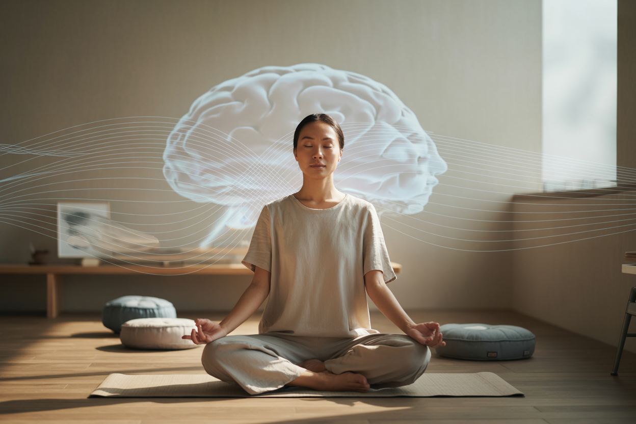 Create a realistic image of a serene indoor meditation space with a peaceful Asian female sitting cross-legged in lotus position with eyes gently closed, surrounded by subtle scientific elements like floating translucent brain imagery and gentle light waves radiating from her head area, soft natural lighting streaming through a window, minimalist wooden floor, a few meditation cushions nearby, calming neutral tones of beige and soft blue, conveying a sense of mental clarity and focus through the harmonious blend of mindfulness practice and neuroscience visualization, absolutely NO text should be in the scene.