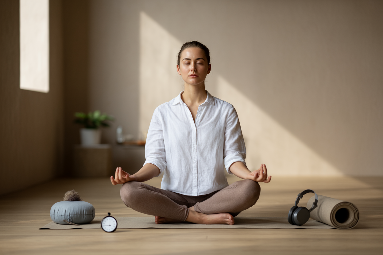 Create a realistic image of a peaceful meditation scene showing a white female sitting cross-legged in a comfortable meditation pose with eyes gently closed, hands resting on knees in a mudra position, surrounded by essential meditation props including a small meditation cushion, a simple timer, noise-canceling headphones, and a rolled yoga mat, set in a clean minimalist indoor space with soft natural lighting from a nearby window, warm earth tones creating a calm concentrated atmosphere, with subtle elements like a small potted plant in the background suggesting tranquility and focus, absolutely NO text should be in the scene.