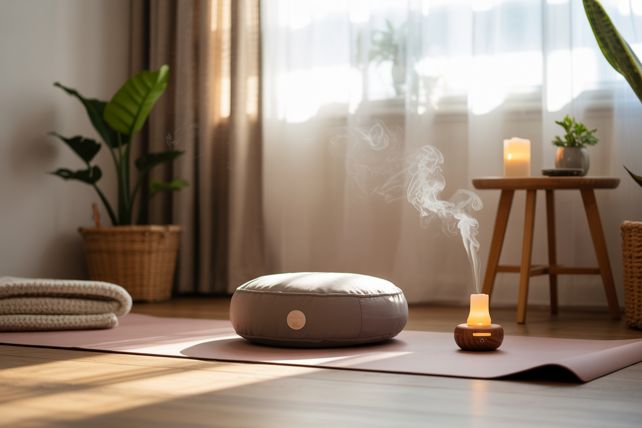 Create a realistic image of a serene mini meditation space featuring a comfortable meditation cushion placed on a soft yoga mat in a quiet corner of a room, with a small wooden side table holding a lit candle and a small potted plant, natural sunlight filtering through sheer curtains creating gentle lighting, minimalist decor with neutral tones, a cozy throw blanket folded nearby, and essential oil diffuser with subtle vapor, creating a peaceful and inviting atmosphere for short meditation sessions, absolutely NO text should be in the scene.