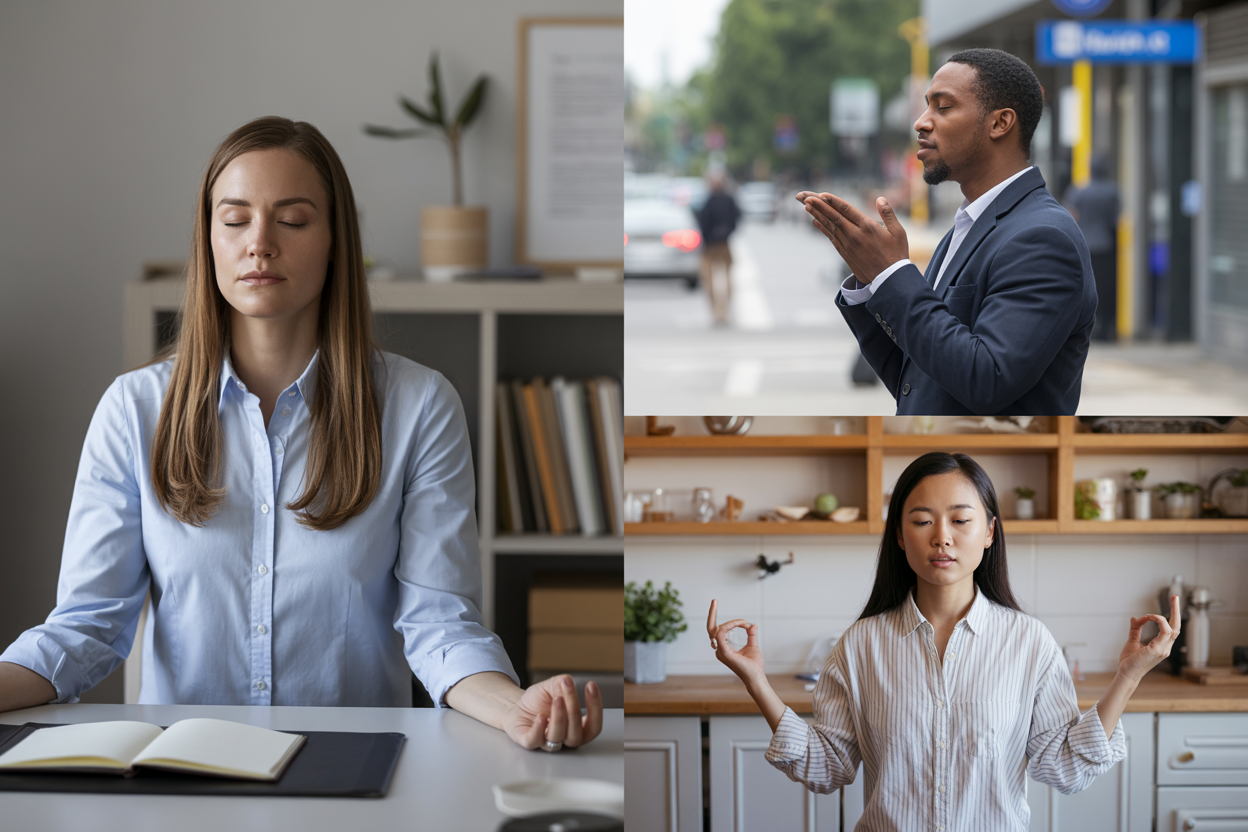 Create a realistic image of a diverse group of people practicing quick meditation moments throughout their day - a white female sitting at her office desk with eyes closed and hands resting peacefully, a black male taking deep breaths while waiting at a bus stop, and an Asian female doing a brief mindful breathing exercise in her kitchen, all shown in a split-screen or montage style composition with soft natural lighting, calm expressions, and everyday environments like office spaces, public areas, and home settings, conveying a sense of peace and mindfulness integrated into busy daily life, absolutely NO text should be in the scene.