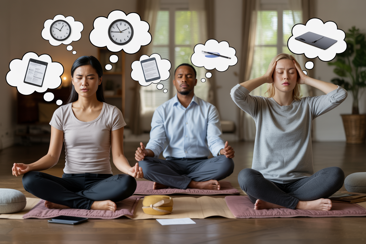 Create a realistic image of a diverse group showing meditation challenges: a stressed Asian female sitting cross-legged with a frustrated expression surrounded by floating thought bubbles containing distracting elements like clocks, smartphones, and work documents, a tired Black male meditator struggling to keep his eyes open in lotus position, and a restless white female shifting uncomfortably on a meditation cushion, all in a serene indoor meditation space with soft natural lighting filtering through windows, wooden floors, and meditation props scattered around, conveying the theme of overcoming meditation obstacles while maintaining a calm, supportive atmosphere. Absolutely NO text should be in the scene.