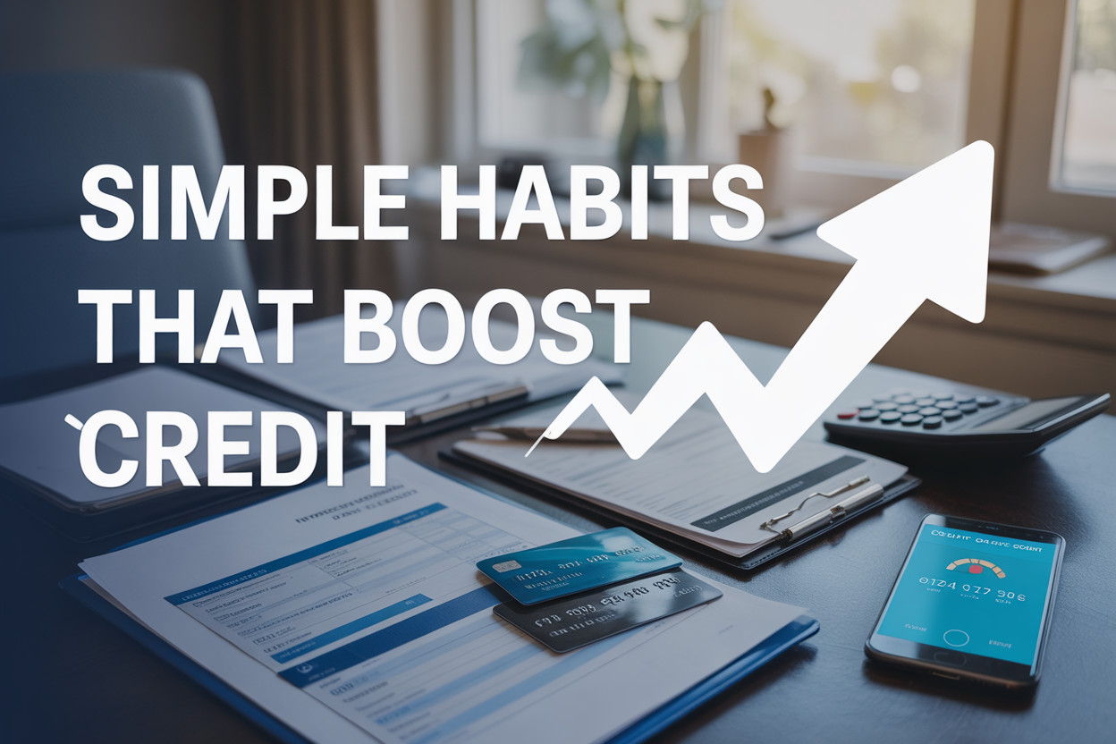 Create a realistic image of a modern, clean desk setup with financial documents, credit cards arranged neatly, a calculator, and a smartphone displaying a credit score app, with a subtle upward trending arrow graphic overlay, soft natural lighting from a window, professional atmosphere with muted blue and white color scheme, and the text "Simple Habits That Boost Credit" prominently displayed in modern sans-serif font across the top portion of the image.