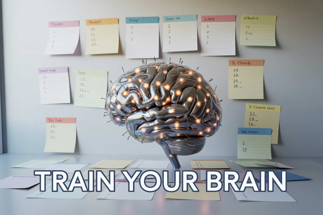 Create a realistic image of a close-up view of a human brain made of interconnected glowing neural networks with small organized lists and numbered items floating around it, set against a clean white background with soft blue accent lighting, featuring a diverse group of colorful sticky notes and organized bullet points surrounding the brain, with the text "Train Your Brain" prominently displayed in modern sans-serif font at the bottom, conveying a sense of mental clarity and organized learning.