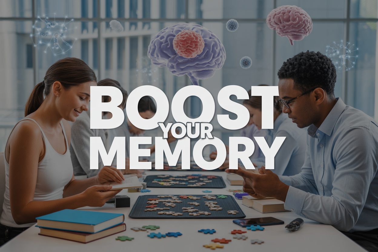 Create a realistic image of a diverse group including a white female and black male sitting at a modern table engaged in brain training activities, with puzzle pieces, books, and digital devices visible on the table, surrounded by a bright, clean environment with natural lighting from large windows, featuring floating brain icons and neural network patterns in the background, with the text "BOOST YOUR MEMORY" prominently displayed in bold, modern typography overlaying the scene.