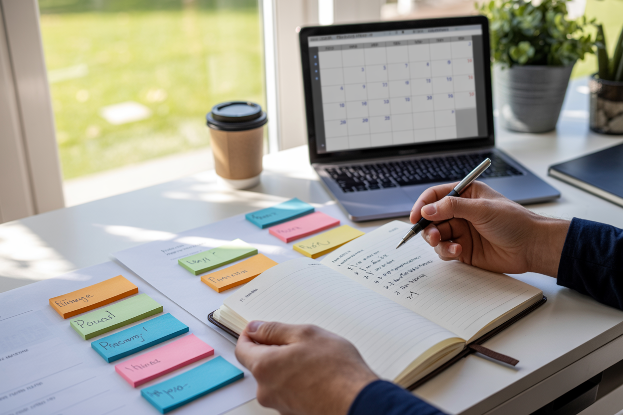 Create a realistic image of a clean, organized desk workspace with a white male person's hands holding a pen over an open notebook, writing and crossing out items on a goal list, with colorful sticky notes arranged on the desk surface showing different priority levels, a laptop displaying a digital calendar in the background, natural daylight streaming through a window creating a focused and determined atmosphere, with a potted plant and coffee cup as complementary elements, absolutely NO text should be in the scene.