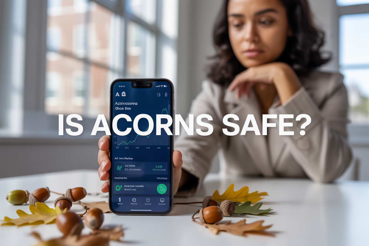 Create a realistic image of a modern smartphone displaying the Acorns app interface with investment charts and graphs on the screen, surrounded by scattered acorns and oak leaves on a clean white desk surface, with a young diverse woman (mixed race, female) in business casual attire looking thoughtfully at the phone while holding it, soft natural lighting from a window, and the text "Is Acorns Safe?" appearing as an overlay in clean, professional typography.