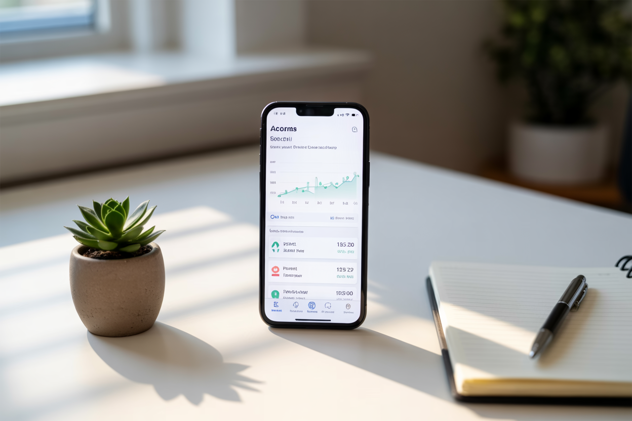 Create a realistic image of a modern smartphone displaying the Acorns mobile app interface with investment portfolio charts and graphs on the screen, placed on a clean white desk next to a small potted succulent plant and a notebook with a pen, soft natural lighting from a nearby window creating gentle shadows, professional and trustworthy atmosphere suggesting financial technology and investment planning, absolutely NO text should be in the scene.
