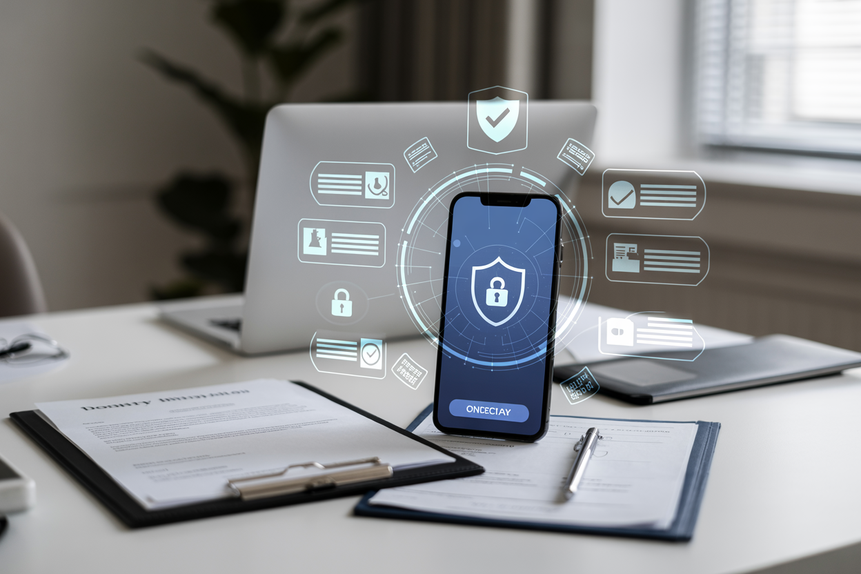 Create a realistic image of a modern digital security concept showing a smartphone displaying a financial app interface with security icons like shields, locks, and checkmarks floating around it, alongside official regulatory documents and certificates on a clean white desk, with a subtle background of a professional office environment, soft natural lighting from a window, conveying trust and protection in digital investing, absolutely NO text should be in the scene.