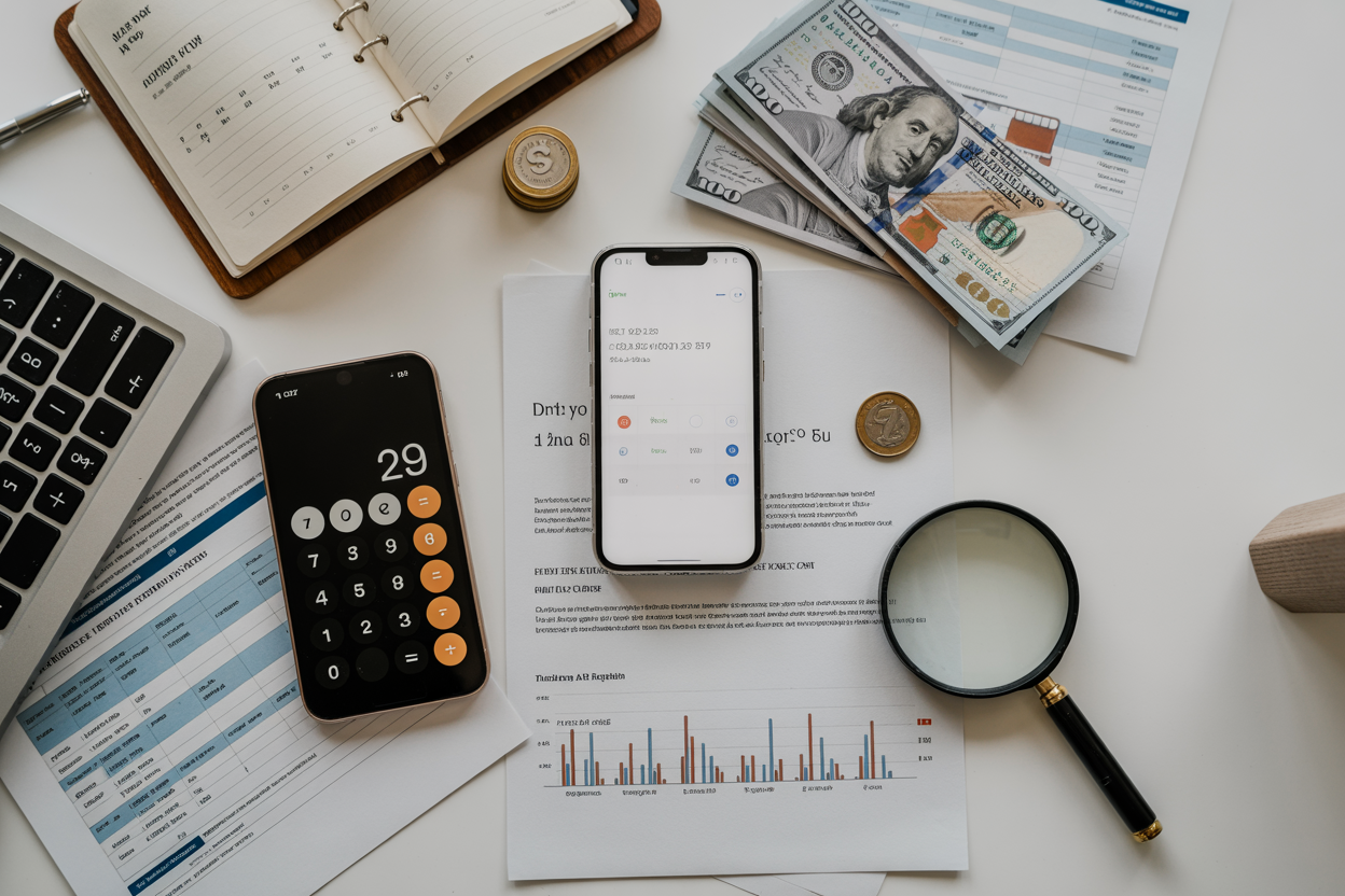 Create a realistic image of a clean, modern desk setup with financial documents, calculator, smartphone displaying investment app interface, scattered coins and dollar bills, magnifying glass examining fee structures on papers, neutral office lighting, professional business atmosphere with charts and graphs visible on documents, absolutely NO text should be in the scene.