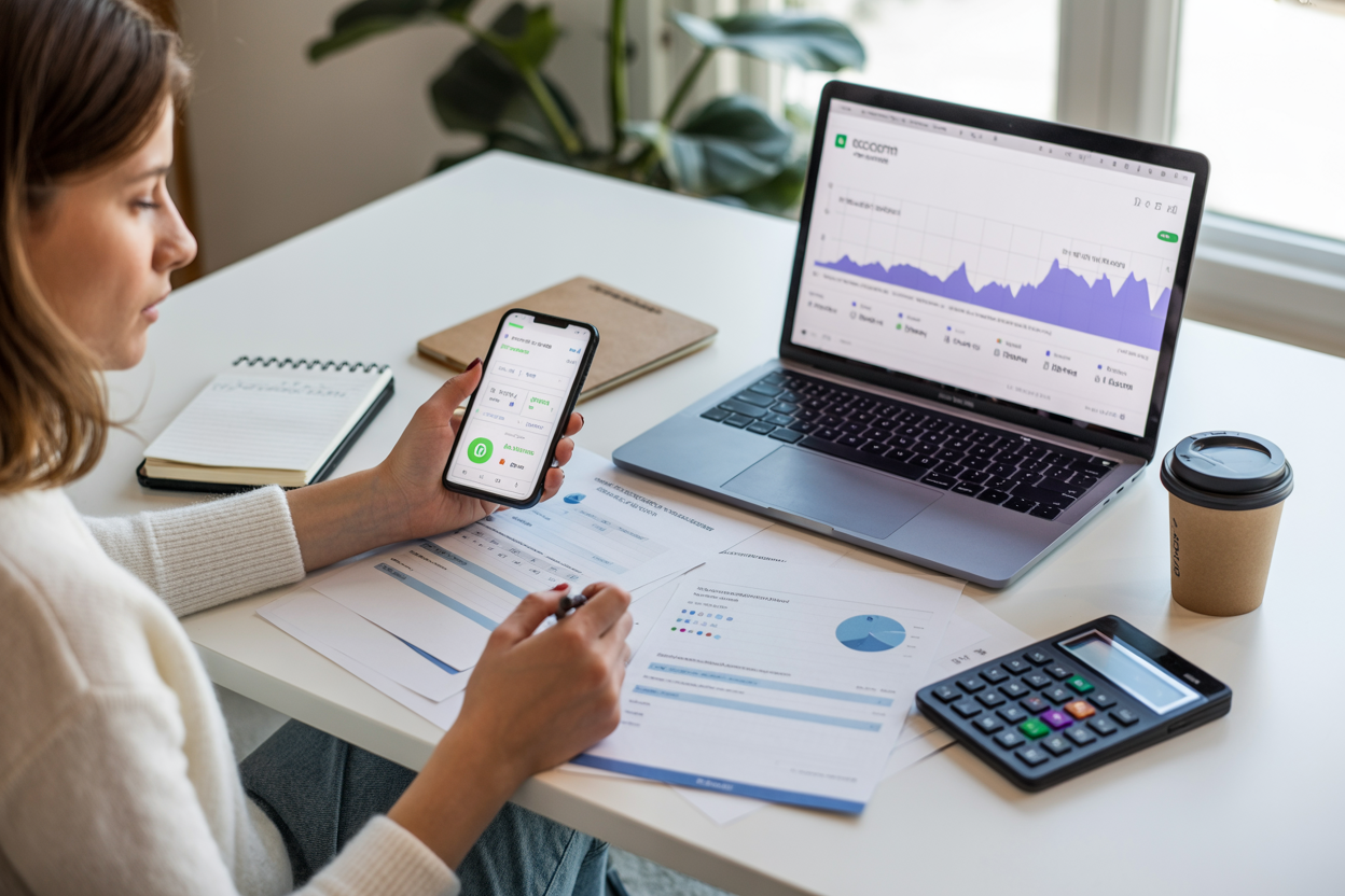 Create a realistic image of a young white female investor sitting at a modern desk with a laptop, smartphone displaying the Acorns app interface, and financial documents spread around, with charts and graphs showing investment risk levels visible on the laptop screen, complemented by a calculator, coffee cup, and notepad, set against a clean home office background with natural lighting from a window, conveying a thoughtful and analytical mood as she reviews investment options, absolutely NO text should be in the scene.
