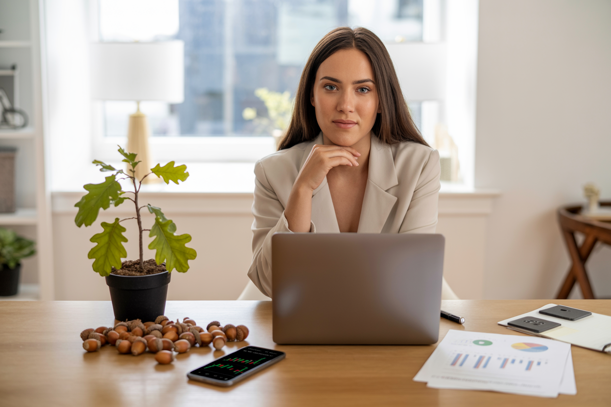 Create a realistic image of a young white female investor sitting confidently at a modern desk with a laptop open, showing a sense of financial security and accomplishment, with acorns scattered naturally on the wooden desk surface alongside a smartphone displaying investment charts, a small potted oak sapling symbolizing growth, and documents with graphs visible in the background, all set in a bright, clean home office environment with natural lighting streaming through a window, conveying trust, safety, and successful investment decision-making for new investors, absolutely NO text should be in the scene.