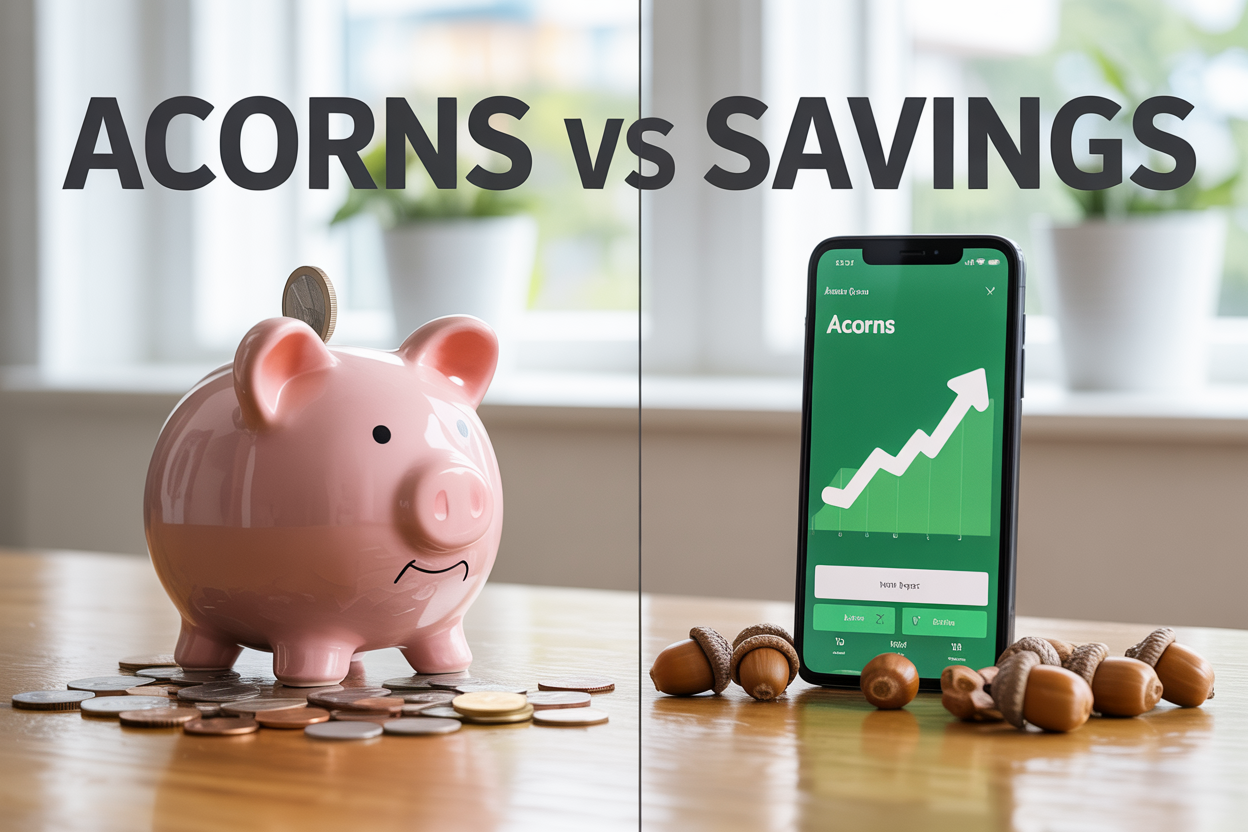 Create a realistic image of a split-screen comparison showing a traditional piggy bank with coins scattered around it on the left side representing low savings returns, and a smartphone displaying the Acorns app interface with an upward trending green graph on the right side, with actual acorns scattered around the phone, set against a clean white background with soft natural lighting, and include the text "Acorns vs Savings" prominently displayed at the top of the image in bold, modern font.